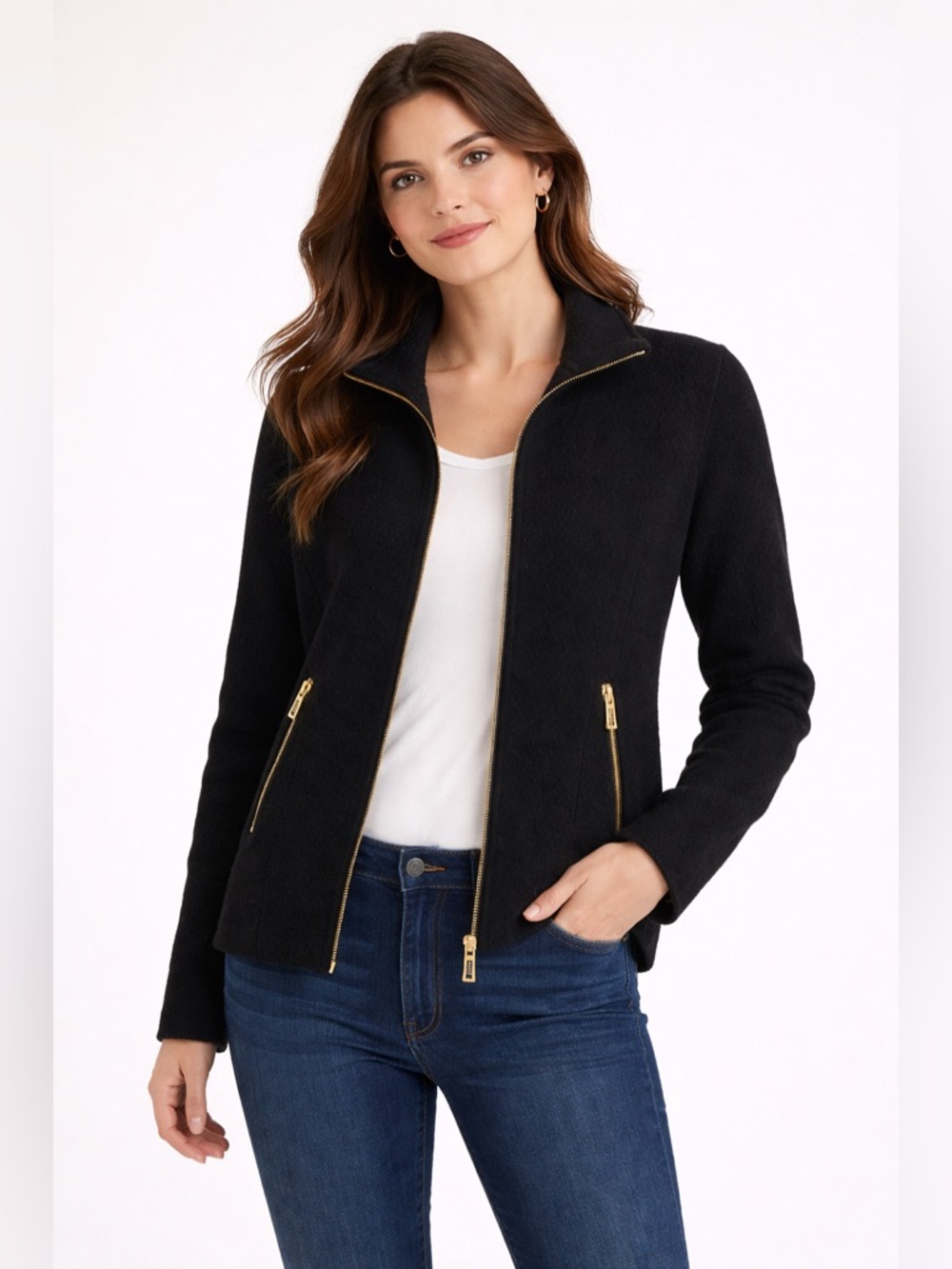 Ralph Lauren Black Lambswool Zip Front Jacket S Gold Hardware Sweater Jacket